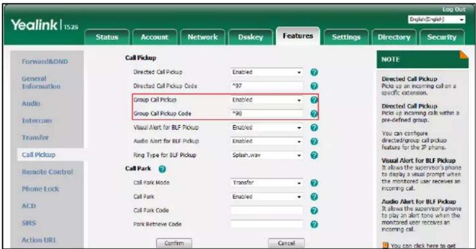 Yealink | 152S Log Out English(English) Status Account Network Dsskey Features Settings Directory Security Forward&DND General Information Audio Intercom Transfer Call Pickup Remote Control Phone Lock ACD SMS Action URL Call Pickup Directed Call Pickup Enabled ? Directed Call Pickup Code *97 ? Group…