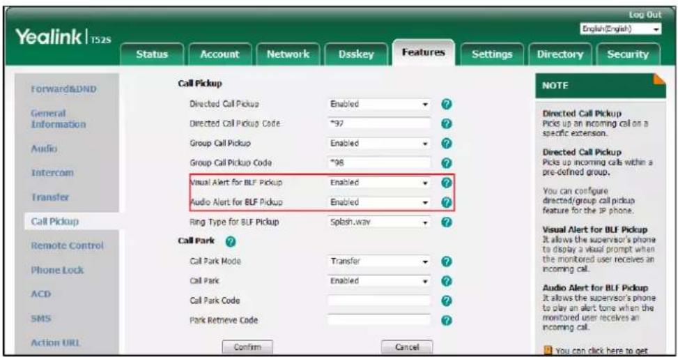 Yealink TS2s Log Out English(English) Status Account Network Dsskey Features Settings Directory Security Forward&DND General Information Audio Intercom Transfer Call Pickup Remote Control Phone Lock ACD SMS Action URL Call Pickup Directed Call Pickup Enabled ? Directed Call Pickup Code *97 ? Group C…