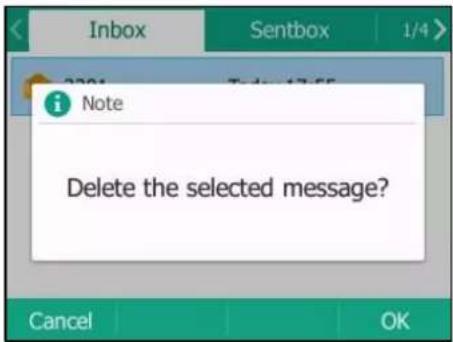 Inbox Sentbox 1/4 > Note Delete the selected message? Cancel OK