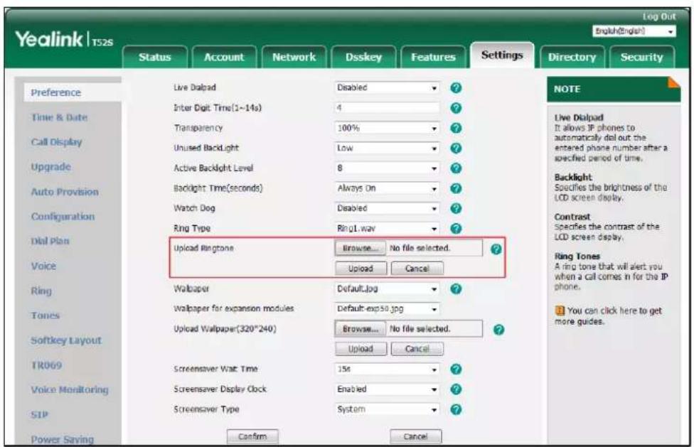 Yealink | T52S Log Out English(English) Status Account Network Dsskey Features Settings Directory Security Preference Time & Date Call Display Upgrade Auto Provision Configuration Dial Plan Voice Ring Tones Softkey Layout TR069 Voice Monitoring SIP Power Saving Live Dialpad Disabled ? Inter Digit Ti…