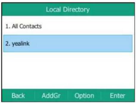 Local Directory 1. All Contacts 2. yealink Back AddGr Option Enter