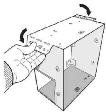 Illustration of a hand inserting a component into a 3D box with arrows indicating rotation (no text or symbols).