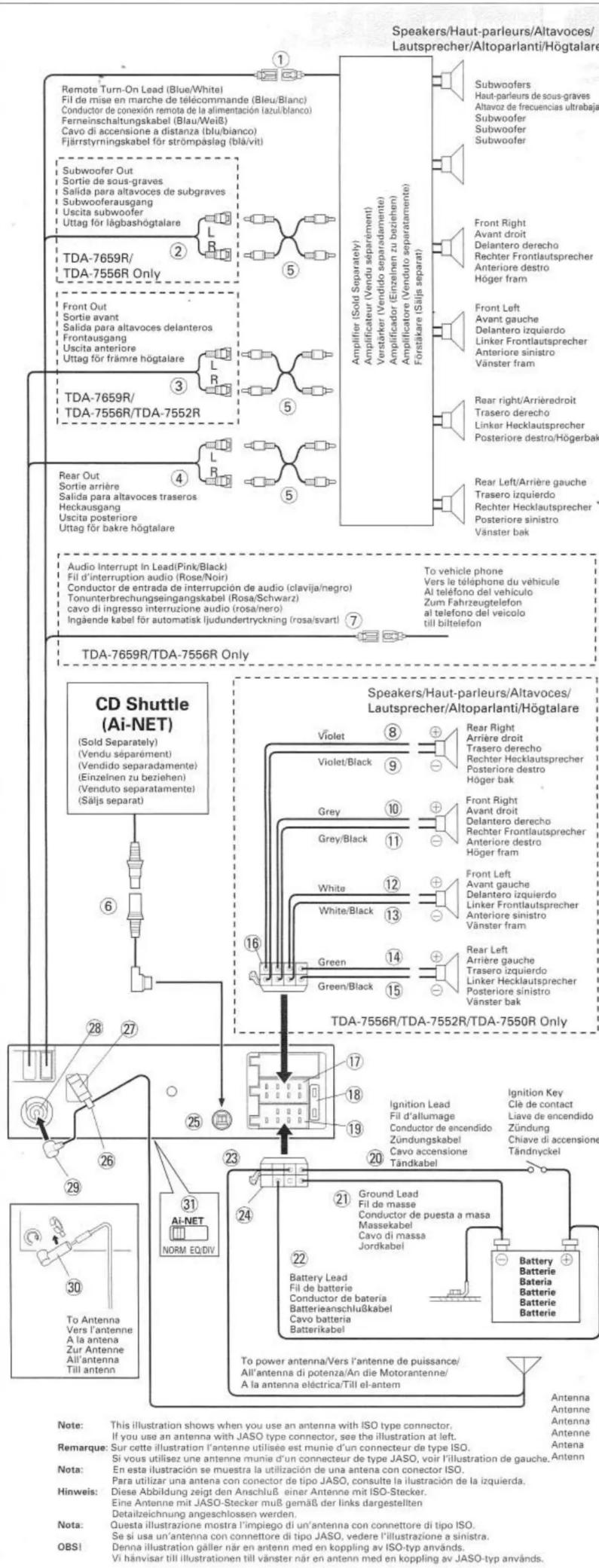 Fil de mise en marche à distance (bleu/blanc) ; Sortie subwoofer ; TDA-7659R/TDA-7556R uniquement ; Sortie avant ; TDA-7659R/TDA-7556R/TDA-7552R ; Sortie arrière ; Fil d'interruption audio (rose/noir) ; Vers le téléphone du véhicule ; TDA-7659R/TDA-7556R uniquement ; Changeur CD (Ai-NET) (vendu sépa…