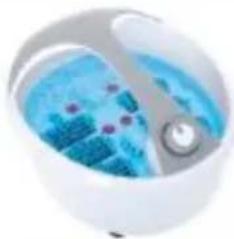 Close-up of a white circular device with blue internal components and a metallic knob.