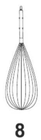 Line drawing of a whisk with a pointed handle and internal mesh structure, labeled '8' below (no text or symbols on the diagram itself)