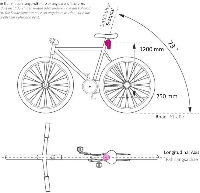 Plage d'éclairage avec le pneu ou toute autre partie du vélo. Ne doit pas passer à travers le pneu ou d'autres parties du vélo. Le feu arrière doit être monté de manière à ce que son axe soit parallèle à la chaussée. Tige de selle 1200 mm 250 mm 73° Route Axe longitudinal