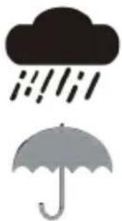 Two symbolic illustrations: a black cloud with raindrops above and a gray umbrella below (no text or symbols)