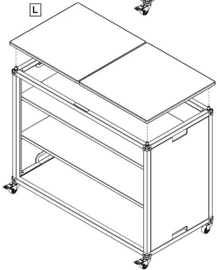 Line drawing of a multi-level industrial cart with wheels and a flat top panel (no text or symbols)