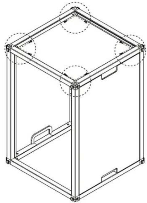 Isometric line drawing of a 3D cube frame structure with dashed circular annotations indicating hidden edges (no text or symbols present)