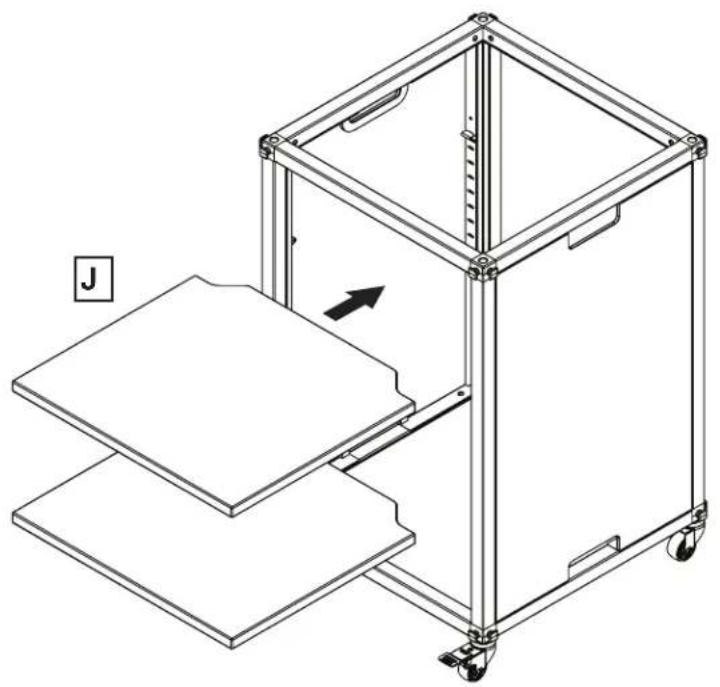 Technical line drawing of a mechanical device with a labeled component 'J' and an arrow indicating motion (no text or symbols beyond label)