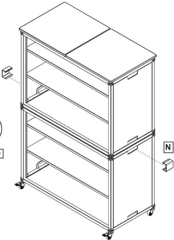 Isometric line drawing of a multi-tiered shelving unit with wheels and a labeled mounting bracket (no text or symbols)