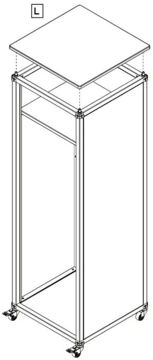 Line drawing of a multi-tiered metal stand with wheels and a flat top panel (no text or symbols)