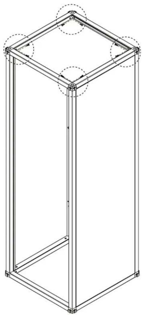 Technical line drawing of a 3D rectangular frame structure with circular cutouts and mounting holes (no text or symbols)