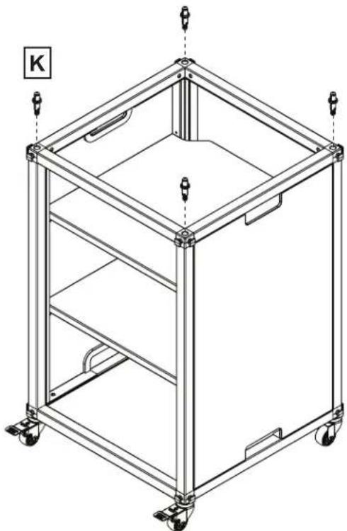 Technical line drawing of a mechanical frame with wheels and a labeled component 'K' (no text or symbols on the diagram itself)