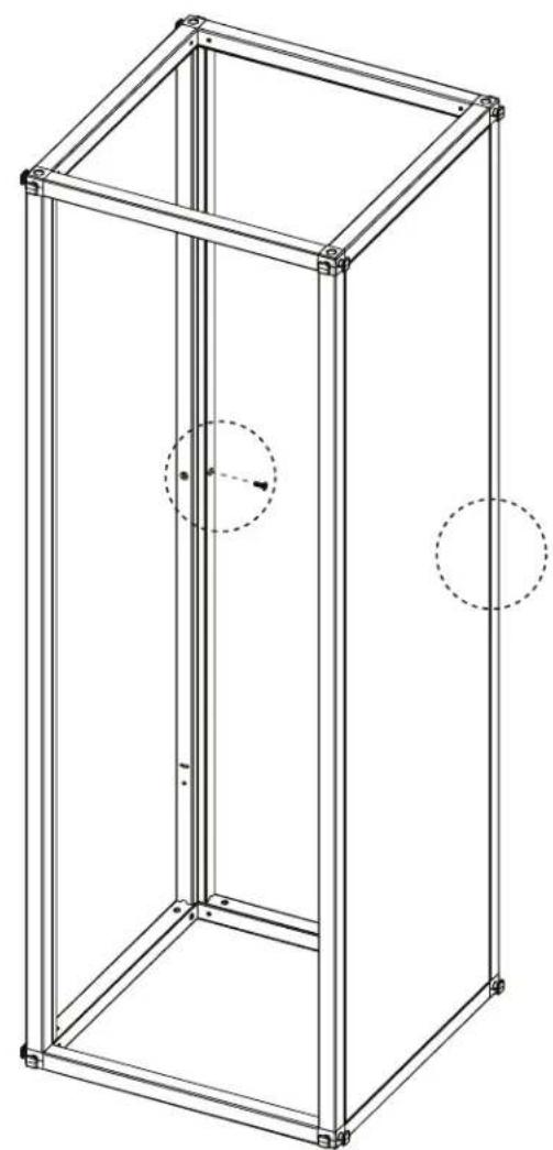 Technical line drawing of a rectangular metal frame structure with two circular cutouts and centerlines (no text or symbols)