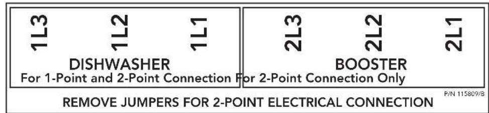 1L3 1L2 1L1 DISHWASHER For 1-Point and 2-Point Connection For 2-Point Connection Only 2L3 2L2 2L1 BOOSTER REMOVE JUMPERS FOR 2-POINT ELECTRICAL CONNECTION P/N 115809/8