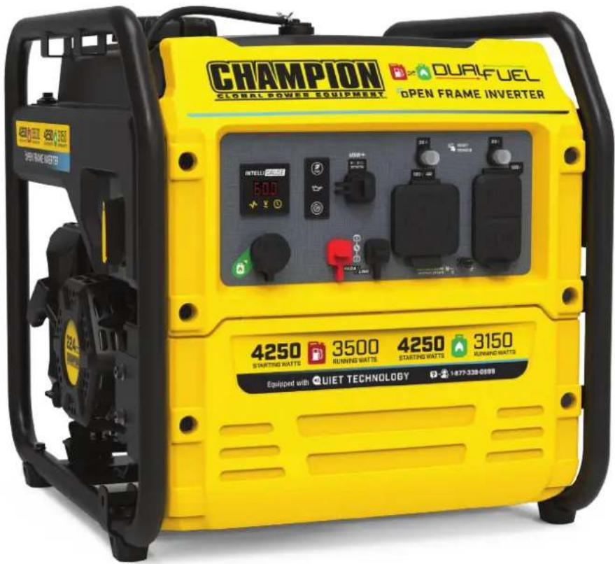 CHAMPION GLOBAL POWER EQUIPMENT OURIFUEL OPEN FRAME INVERTER 4250 STARTING WATTS 3500 RUNNING WATTS 4250 STARTING WATTS 3150 RUNNING WATTS Equipped with QUIET TECHNOLOGY 1-877-338-0099