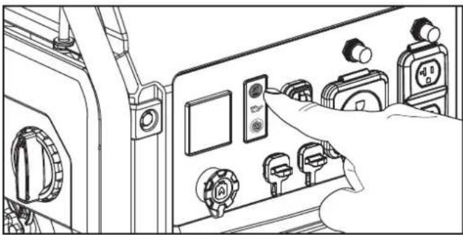 Line drawing of a hand operating a control panel with buttons and dials (no text or symbols visible)