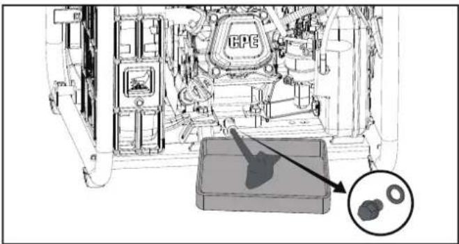 Technical diagram of an engine compartment with labeled components and a magnified inset showing a component detail.