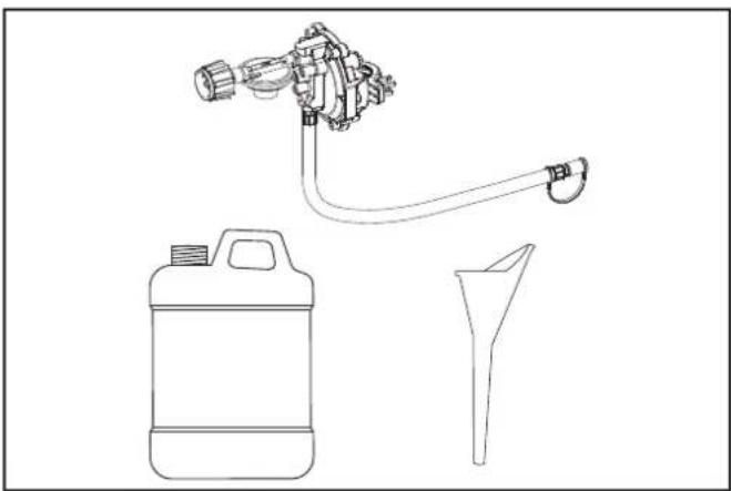 Line drawing of a spray gun, a plastic bottle, and a funnel (no text or symbols)
