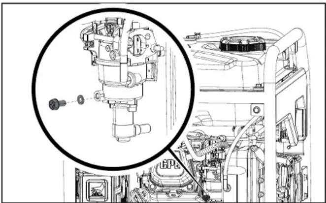 Technical line drawing of a mechanical assembly with a magnified inset showing internal components (no text or symbols)