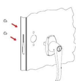 Simple line drawing of a door with a handle and circular opening, showing red arrows indicating motion (no text or symbols)