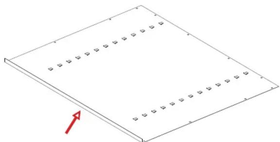 Pure 3D diagram of a rectangular plate with evenly spaced small square holes and a red arrow pointing to the bottom-left corner (no text or symbols)