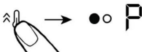 Diagram showing finger pressing a button with an arrow pointing to a dot and letter P, likely illustrating a correct or incorrect pattern.