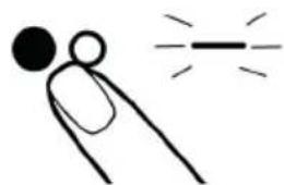 Simple line drawing of a stick figure pointing at a dashed line with radiating lines (no text or symbols)