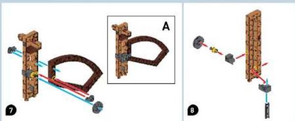 Technical diagram illustrating mechanical assembly steps with labeled components and directional arrows