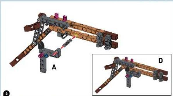 Mechanical assembly diagram showing two views (A and D) of a wooden frame with chains and components, no text or symbols present.