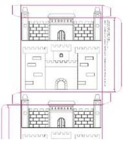 Architectural elevation drawing showing two building layouts with brick walls and arched entrances, annotated with dimensions and structural details.