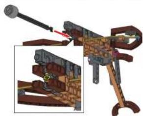 3D mechanical assembly diagram showing a lever mechanism with a highlighted part (no text or symbols visible)