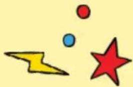 Simple cartoon illustration of a yellow lightning bolt, red star, blue dot, and red circle on a pale yellow background (no text or symbols)