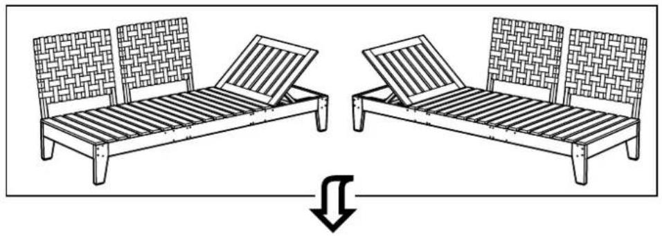 Dessin au trait de deux chaises longues en bois avec dossiers à motifs, dont une chaise pliante à lattes (sans texte ni symboles)