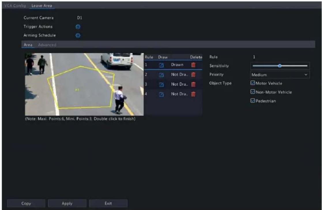 VCA Config Leave Area Current Camera D1 Trigger Actions Arming Schedule Area Advanced Rule Draw Delete 1 Drawn 2 Not Dra... 3 Not Dra... 4 Not Dra... Rule 1 Sensitivity Priority Medium Object Type Motor Vehicle Non-Motor Vehicle Pedestrian (Note: Maxi. Points.6, Mini. Points.3, Double click to finis…