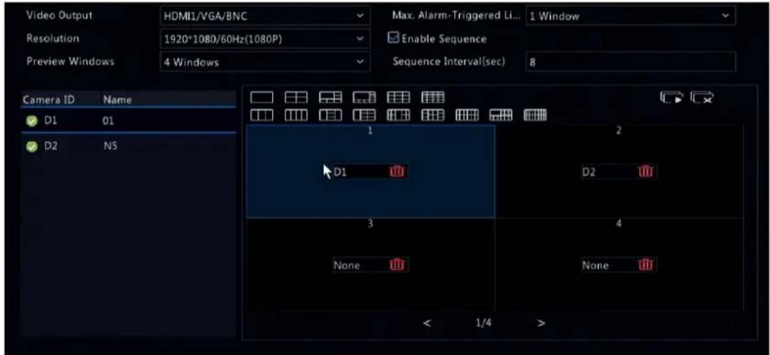 Video Output HDMI1/VGA/BNC Max. Alarm-Triggered Li... 1 Window Resolution 1920*1080/60Hz(1080P) Enable Sequence Preview Windows 4 Windows Sequence Interval(sec) 8 Camera ID Name D1 01 D2 N5 1 2 D1 D2 3 4 None None < 1/4 >