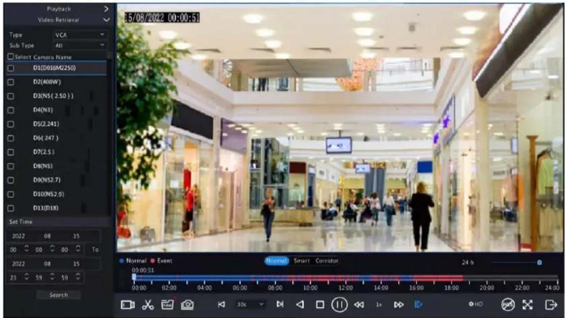 Playback Video Retrieval Type VCA Sub Type All Select Camera Name D1(D016M2250) D2(400W) D3(N5( 2.50 ) ) D4(N3) D5(2.241) D6( 247 ) D7(2.5 ) D8(N5) D9(N52.7) D10(N52.9) D11(D18) Set Time 2022 08 15 00 00 00 To 2022 08 15 23 59 59 Search 15/08/2022 00:00:51 Normal Event Normal Smart Corridor 24 h 00:…