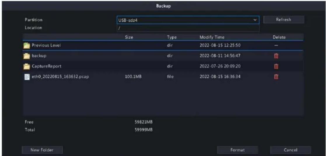 Backup Partition USB-sdz4 Location / Size Type Modify Time Delete Previous Level Hydro dir 2022-08-15 12:25:50 backup Hydro dir 2022-08-11 14:56:47 CaptureReport Hydro dir 2022-07-26 20:09:20 eth0_20220815_163632.pcap 100.1MB File 2022-08-15 16:36:34 Free 59821MB Total 59999MB New Folder Format Canc…