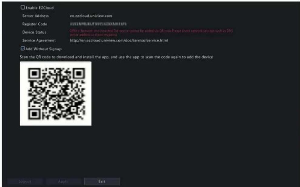 Enable EZCloud Server Address en.ezcloud.uniview.com Register Code EZH Cloud.uniview.com Device Status Office: Network downloaded. The device cannot be added via QR code. Please check network settings such as DNS server address and plot.xjagang Service Agreement http://en.ezcloud.uniview.com/doc/ter…