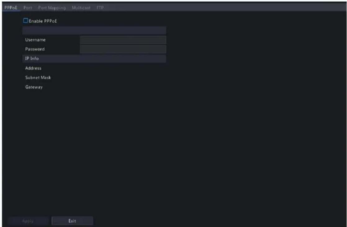 PPPoE Port Port Mapping Multicast FTP Enable PPPoE Username Password IP Info Address Subnet Mask Gateway Apply Exit