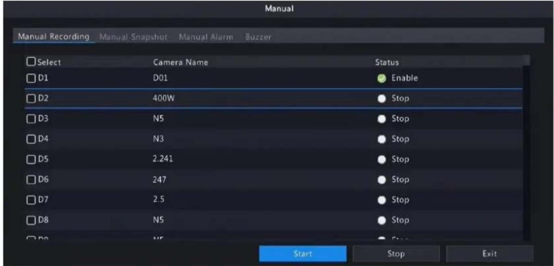 Manual Manual Recording Manual Snapshot Manual Alarm Buzzer Select Camera Name Status D1 D01 Enable D2 400W Stop D3 N5 Stop D4 N3 Stop D5 2.241 Stop D6 247 Stop D7 2.5 Stop D8 N5 Stop Start Stop Exit