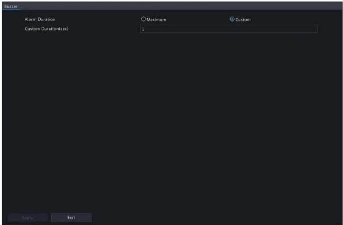 Buzzer Alarm Duration Maximum Custom Custom Duration(sec) 1 Apply Exit