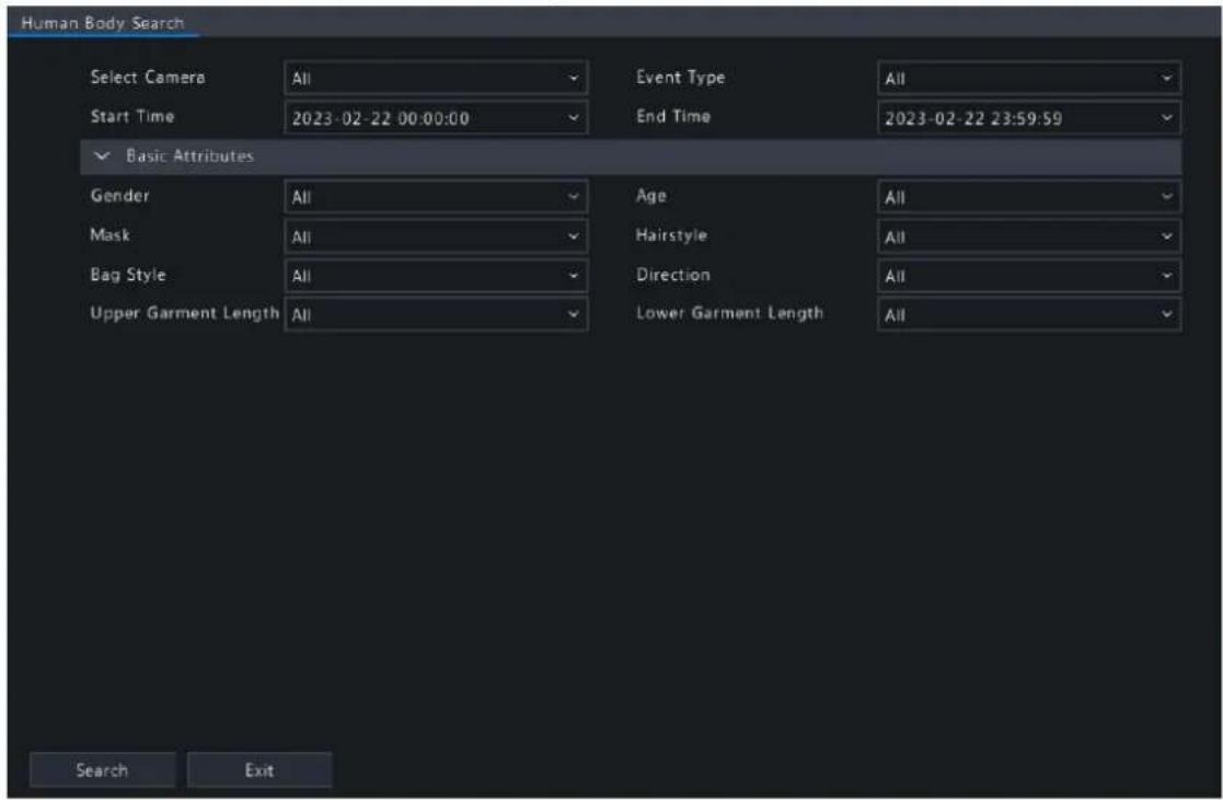 Human Body Search Select Camera All Event Type All Start Time 2023-02-22 00:00:00 End Time 2023-02-22 23:59:59 Basic Attributes Gender All Age All Mask All Hairstyle All Bag Style All Direction All Upper Garment Length All Lower Garment Length All Search Exit