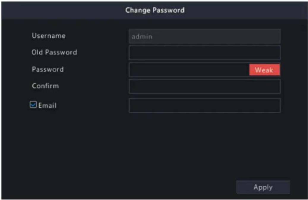 Change Password Username admin Old Password Password Weak Confirm Email Apply