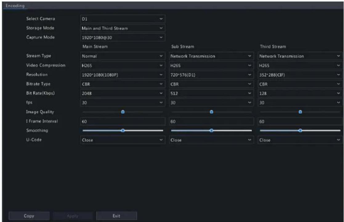 Encoding Select Camera D1 Storage Mode Main and Third Stream Capture Mode 1920*1080@30 Stream Type Normal Network Transmission Network Transmission Video Compression H265 H265 H265 Resolution 1920*1080(1080P) 720*576(D1) 352*288(CIF) Bitrate Type CBR CBR CBR Bit Rate(Kbps) 2048 512 128 fps 30 30 30…