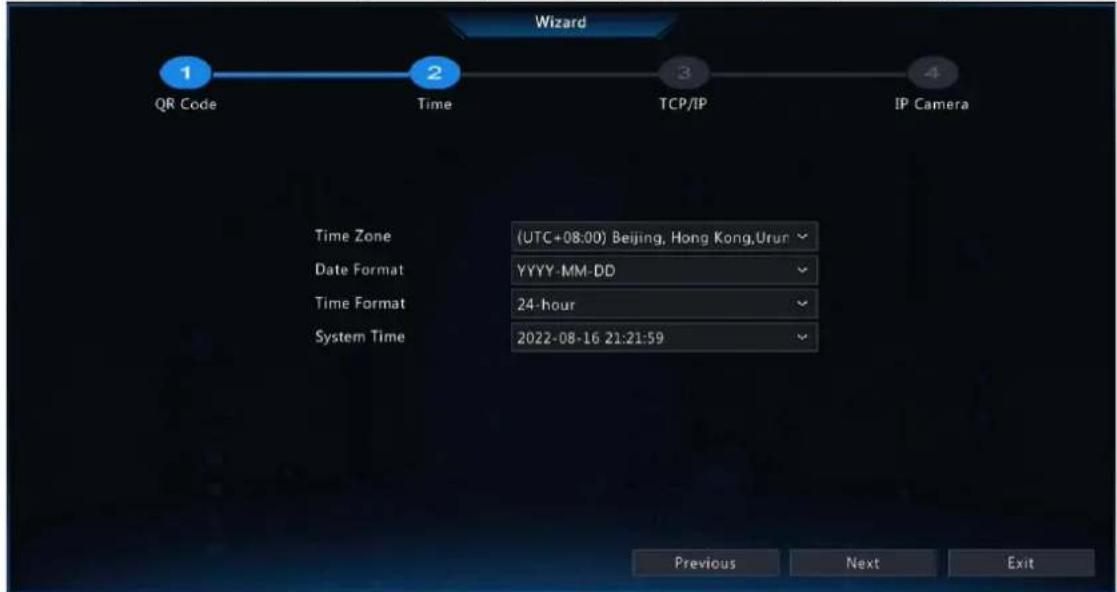Wizard 1 QR Code 2 Time 3 TCP/IP 4 IP Camera Time Zone (UTC+08:00) Beijing, Hong Kong,Urun Date Format YYYY-MM-DD Time Format 24-hour System Time 2022-08-16 21:21:59 Previous Next Exit