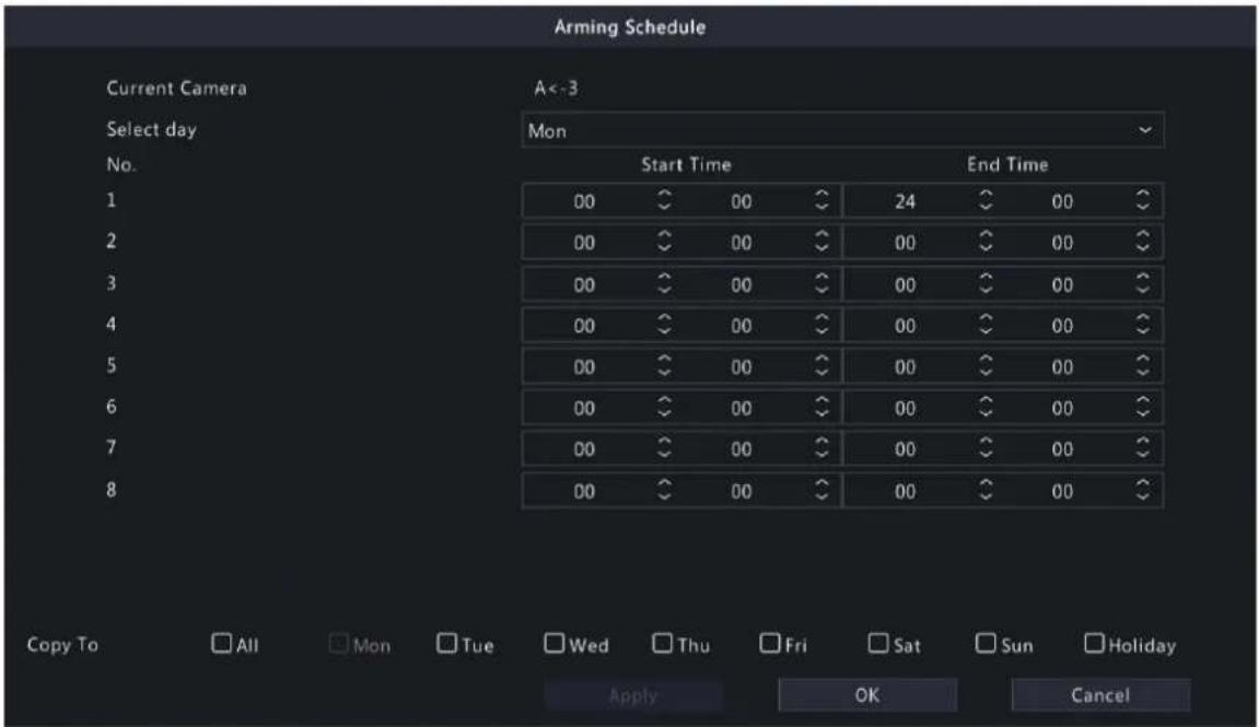 Arming Schedule Current Camera A<-3 Select day Mon No. Start Time End Time 1 00 00 24 00 2 00 00 00 00 3 00 00 00 00 4 00 00 00 00 5 00 00 00 00 6 00 00 00 00 7 00 00 00 00 8 00 00 00 00 Copy To All Mon Tue Wed Thu Fri Sat Sun Holiday Apply OK Cancel