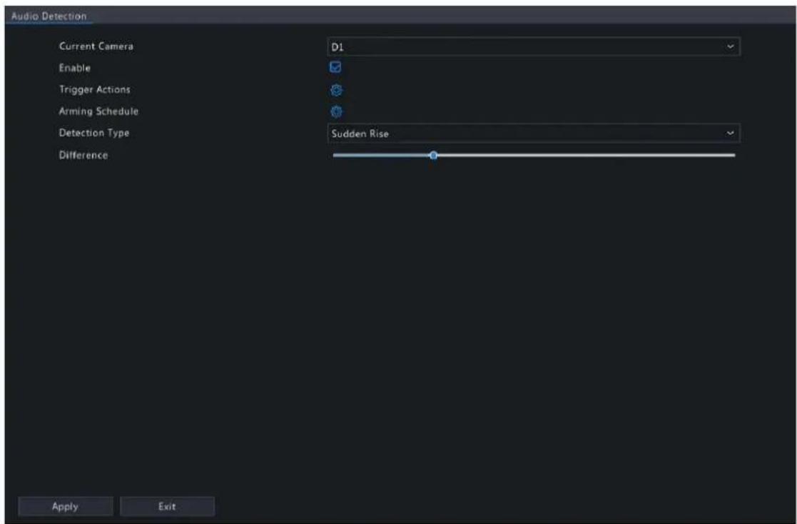 Audio Detection Current Camera Enable Trigger Actions Arming Schedule Detection Type Difference D1 Sudden Rise Apply Exit