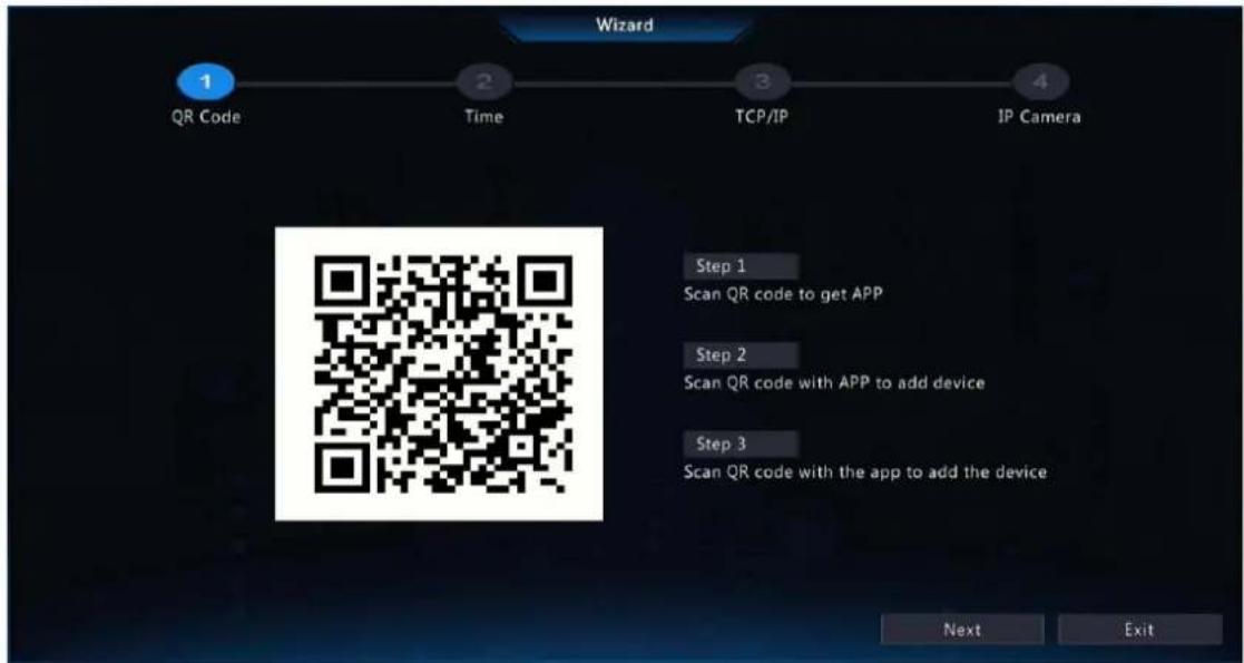 Wizard 1 QR Code 2 Time 3 TCP/IP 4 IP Camera Step 1 Scan QR code to get APP Step 2 Scan QR code with APP to add device Step 3 Scan QR code with the app to add the device Next Exit